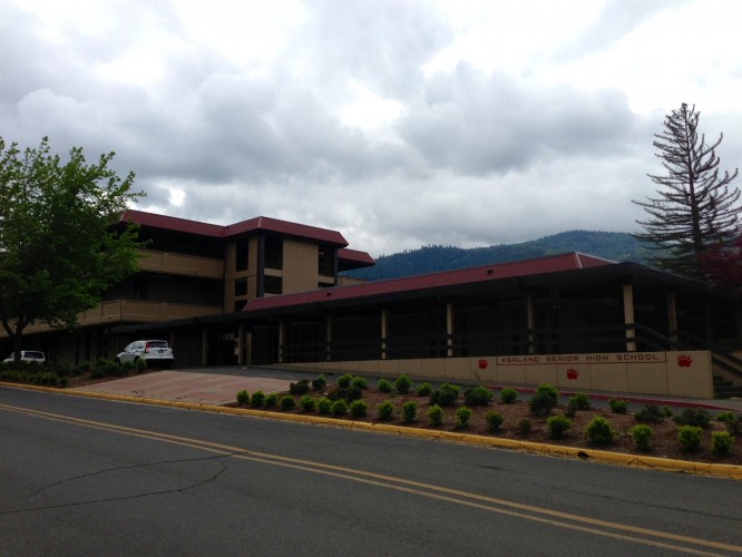 The front office of the AHS with the humanities building visible in the background.